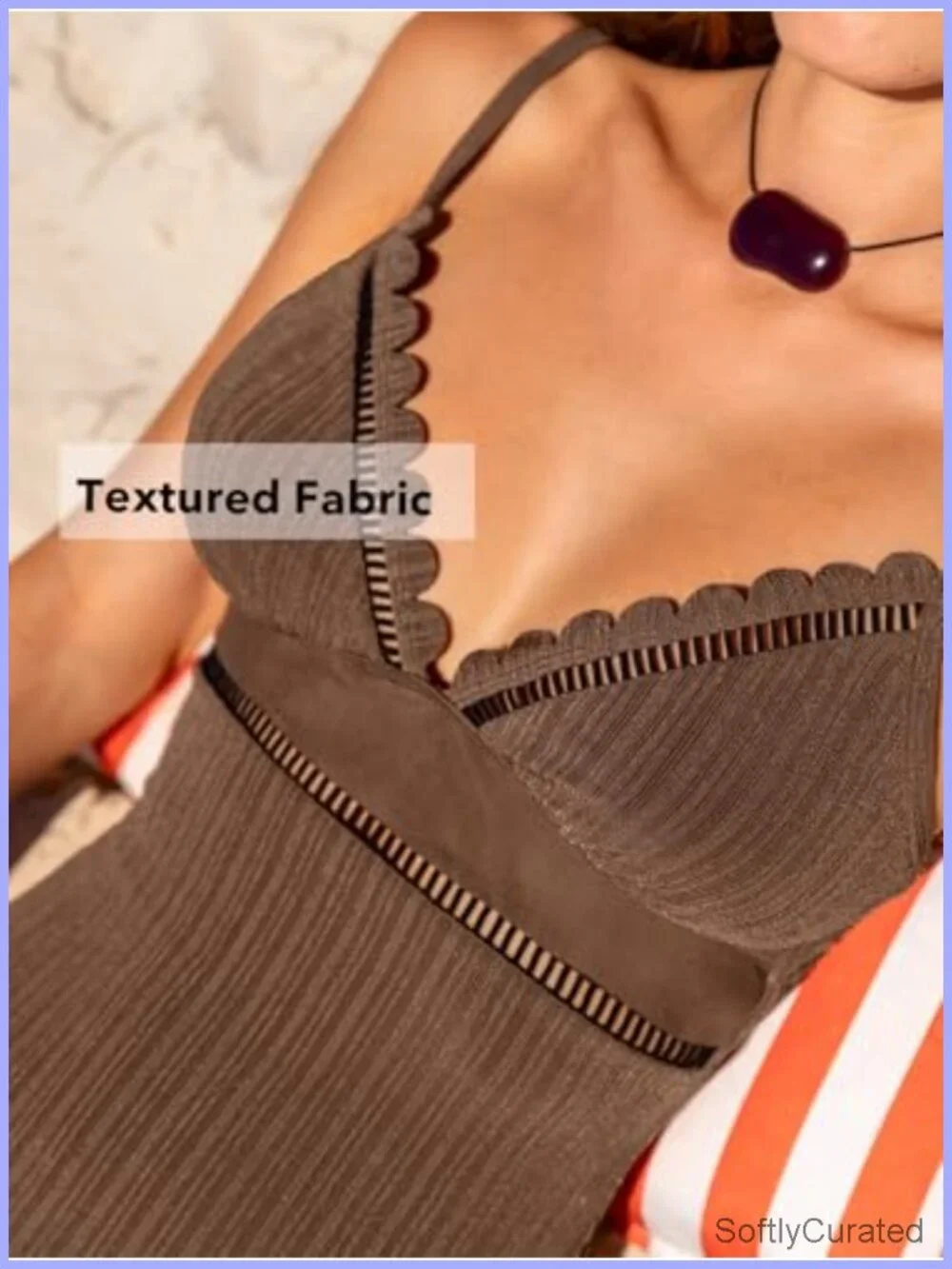One Piece Swimsuit Scalloped V Neck Mesh Cutout Adjustable Straps Textured
